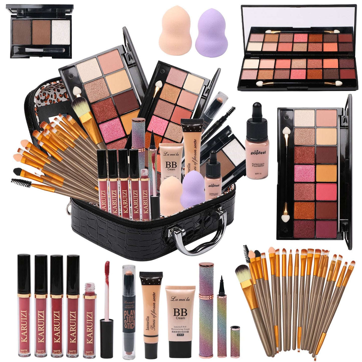 All - in - One Makeup Kit with Storage Bag – Eyeshadow, Foundation, Brushes & More (Black) - SmartPagesHub.com