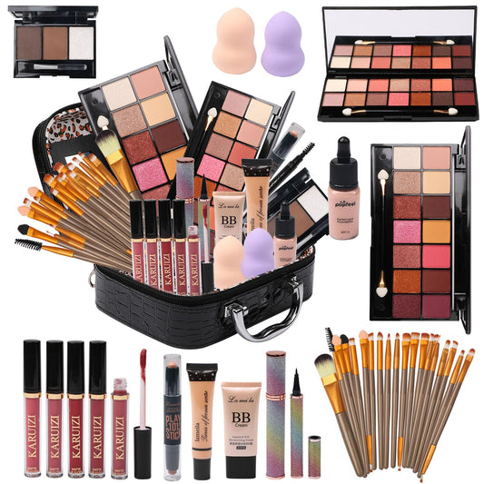 All - in - One Makeup Kit with Storage Bag – Eyeshadow, Foundation, Brushes & More (Black) - SmartPagesHub.com